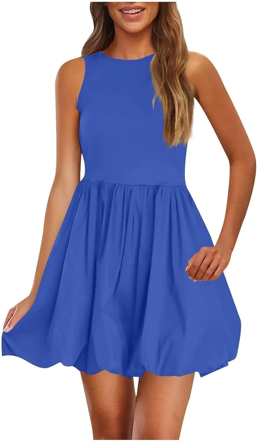 Sundresses for Women 2025 Casual Summer Boho Sleeveless Pleated Bubble Crewneck Short Tshirt Dress with Pockets