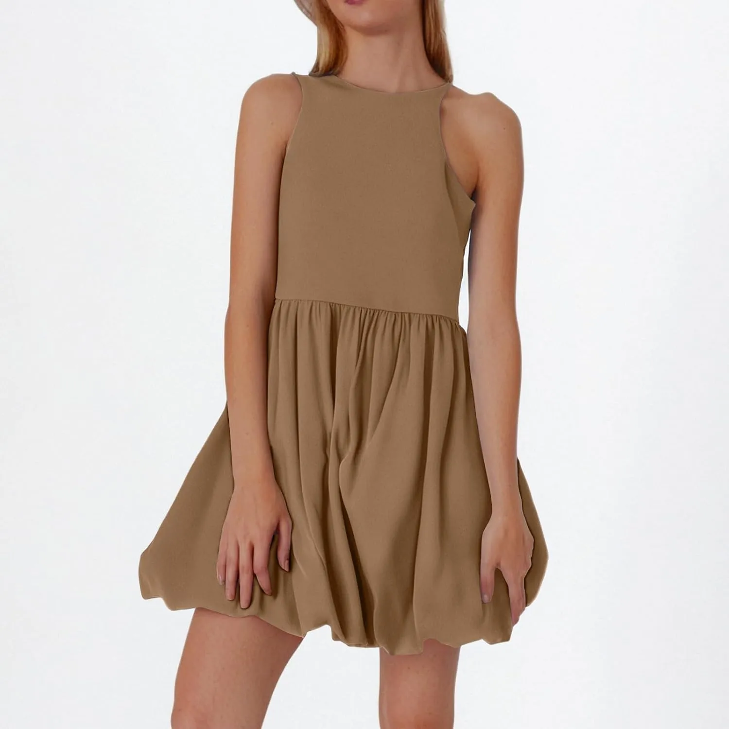 Sundresses for Women 2025 Casual Summer Boho Sleeveless Pleated Bubble Crewneck Short Tshirt Dress with Pockets