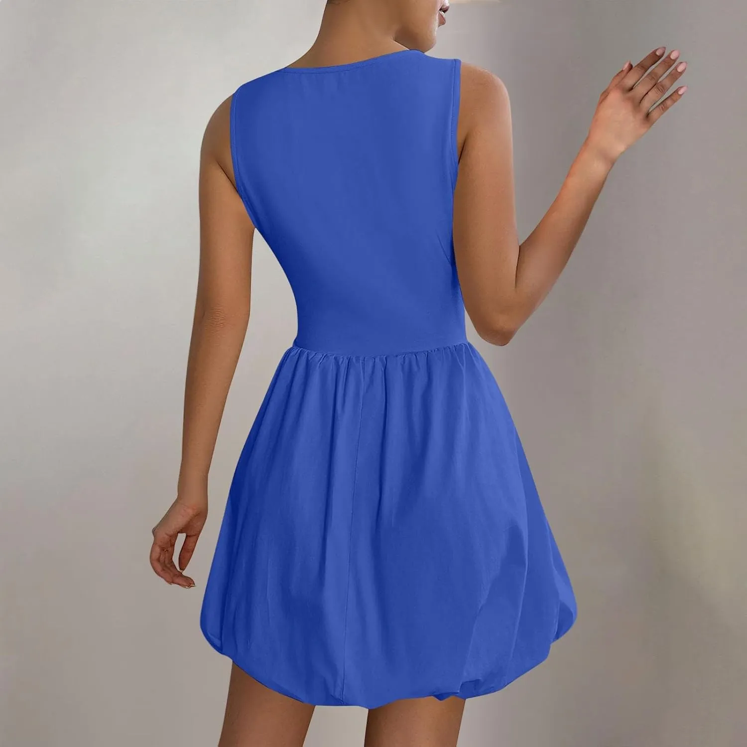 Sundresses for Women 2025 Casual Summer Boho Sleeveless Pleated Bubble Crewneck Short Tshirt Dress with Pockets