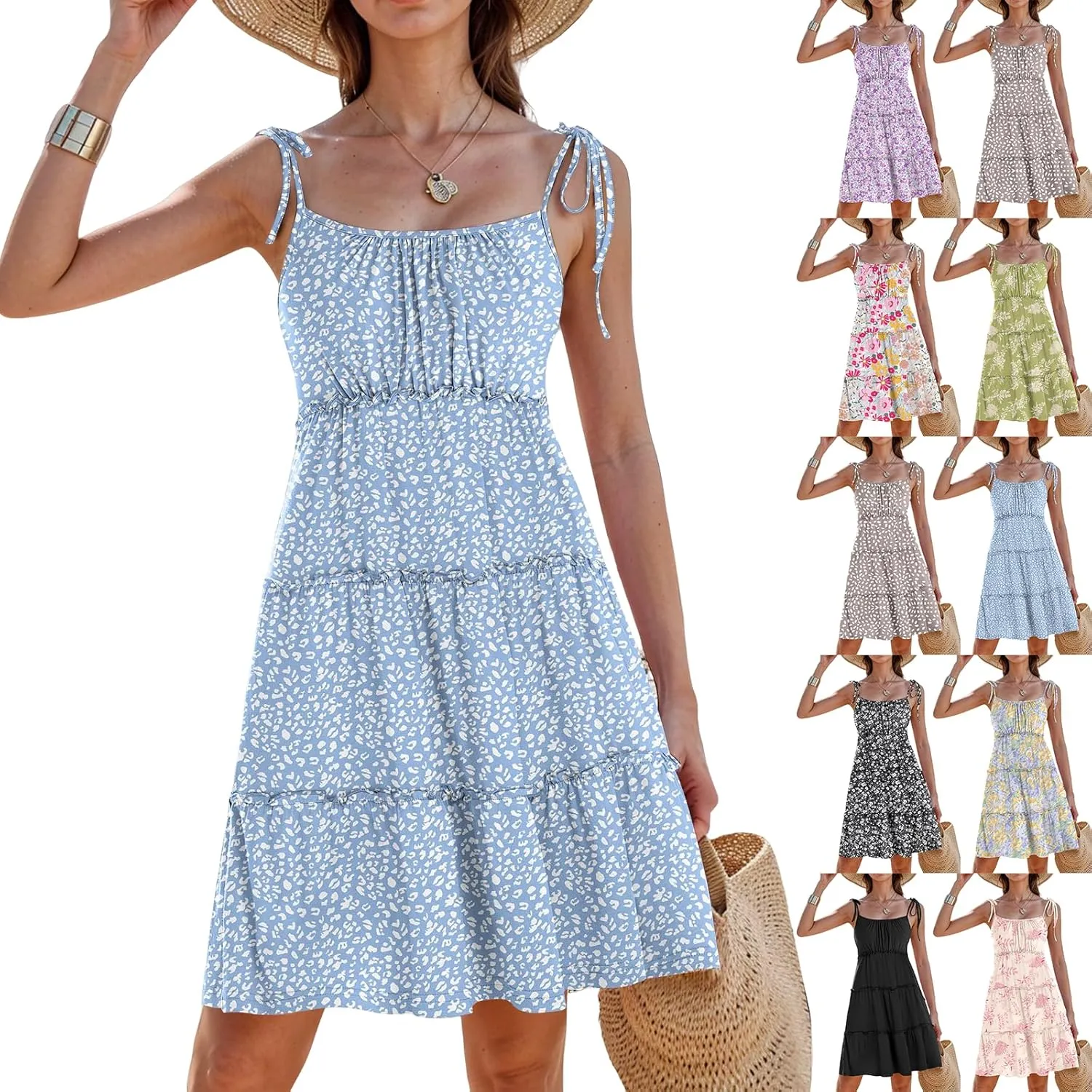 Sundresses for Women 2025 Floral Tiered Mini Skater Dress Cute Summer Spaghetti Strap Flowy Babydoll Sun Dress