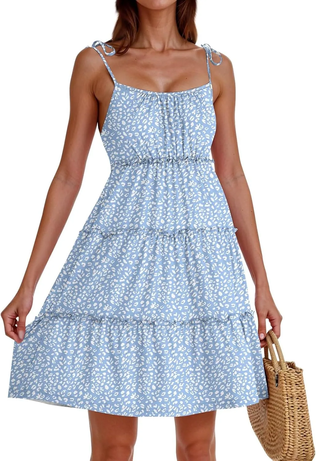 Sundresses for Women 2025 Floral Tiered Mini Skater Dress Cute Summer Spaghetti Strap Flowy Babydoll Sun Dress