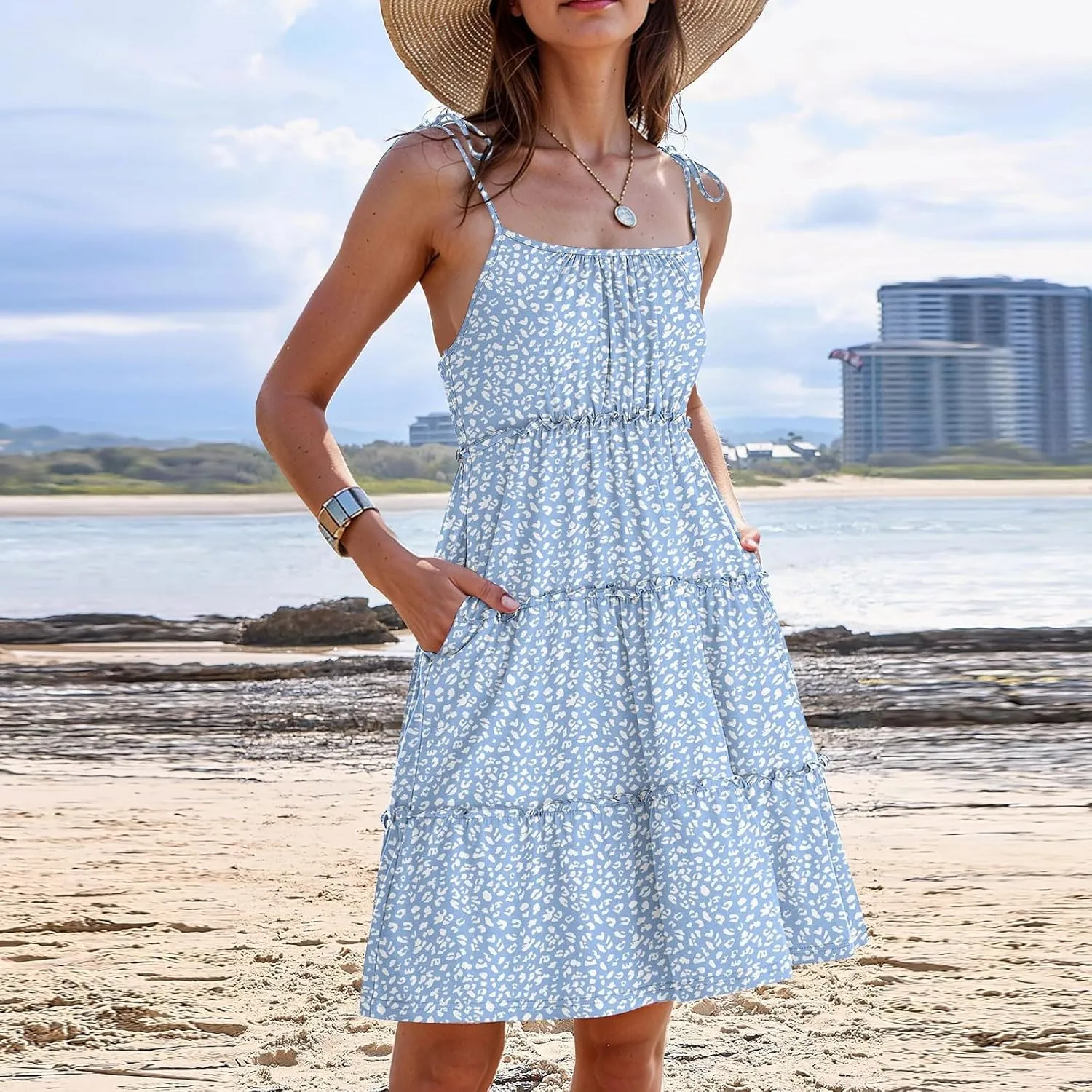 Sundresses for Women 2025 Floral Tiered Mini Skater Dress Cute Summer Spaghetti Strap Flowy Babydoll Sun Dress