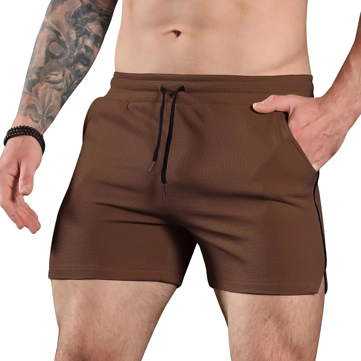 Surenow Mens Waffle Gym Shorts Drawstring Workout Shorts Bodybuilding Athletic Lightweight Breathable Shorts with Pockets