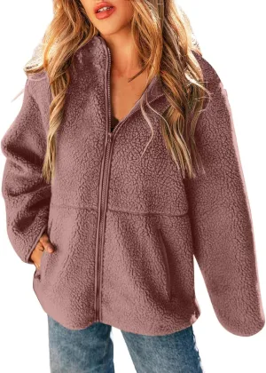 Sweater Coats for Women Vintage Solid Fleece Jackets Fuzzy Long Sleeve Winter Coats with Pockets Outerwear