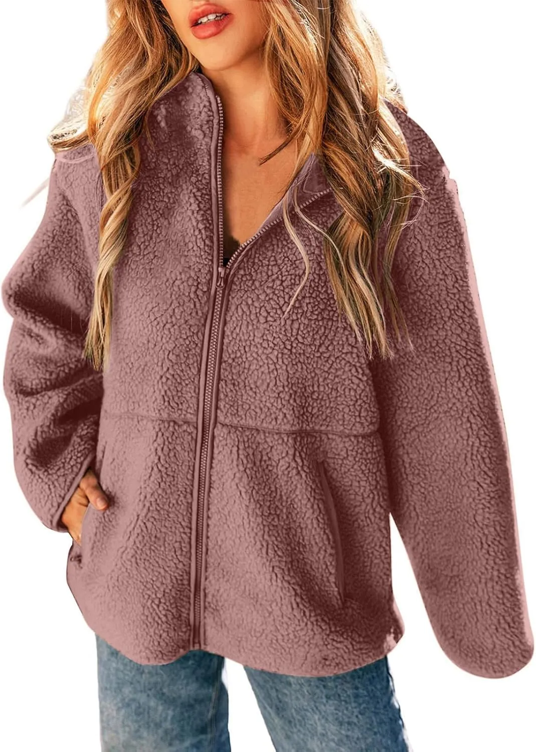 Sweater Coats for Women Vintage Solid Fleece Jackets Fuzzy Long Sleeve Winter Coats with Pockets Outerwear