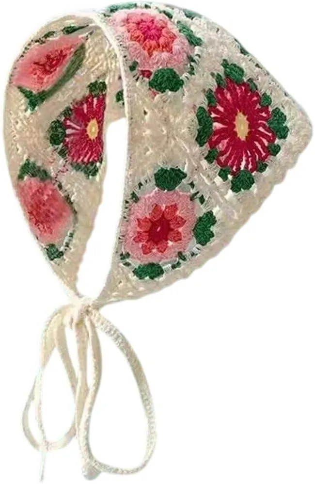 Sweet Knitted Triangle Headband, Flower Crochet Headscarf, French Pastoral Style Headband Triangle Hairband Hair Accessories for Women Girls
