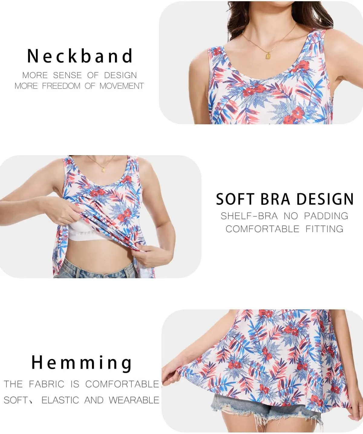 Tank Top for Women with Built Bra Flowy Loose Fit Tanks Pleated Cami