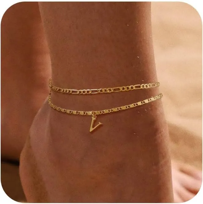 Tasiso Initial Ankle Bracelets for WomenLayered Waterproof Anklet for Women 14K Gold Filled Anklets Layering Thin Figaro Letter Anklet Summer Jewelry Gifts for Women
