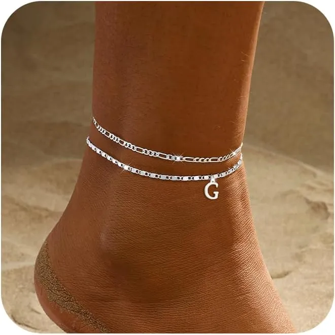 Tasiso Initial Ankle Bracelets for WomenLayered Waterproof Anklet for Women Sterling Silver Plated Anklets Layering Thin Figaro Letter Anklet Summer Jewelry Gifts for Women