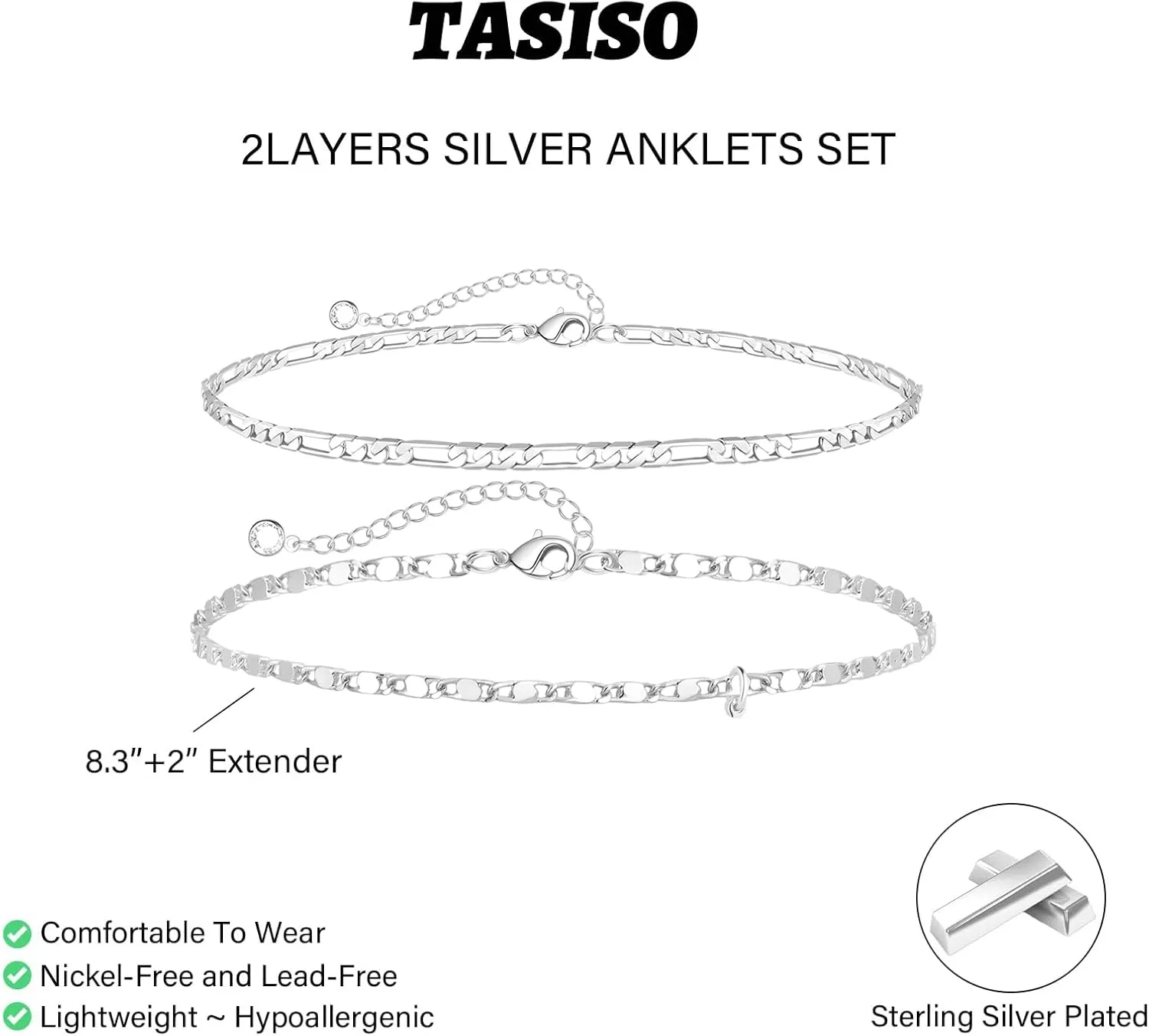 Tasiso Initial Ankle Bracelets for WomenLayered Waterproof Anklet for Women Sterling Silver Plated Anklets Layering Thin Figaro Letter Anklet Summer Jewelry Gifts for Women