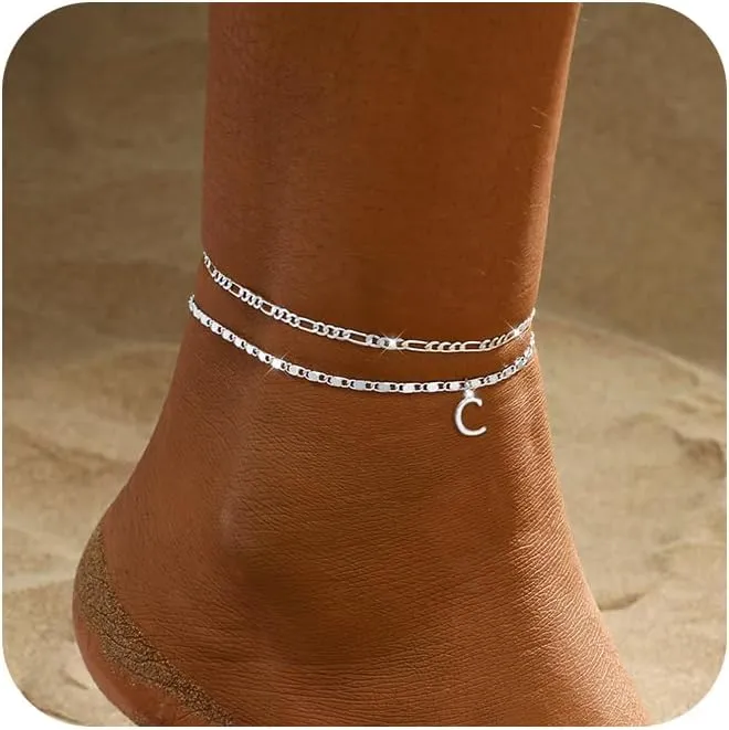 Tasiso Initial Ankle Bracelets for WomenLayered Waterproof Anklet for Women Sterling Silver Plated Anklets Layering Thin Figaro Letter Anklet Summer Jewelry Gifts for Women