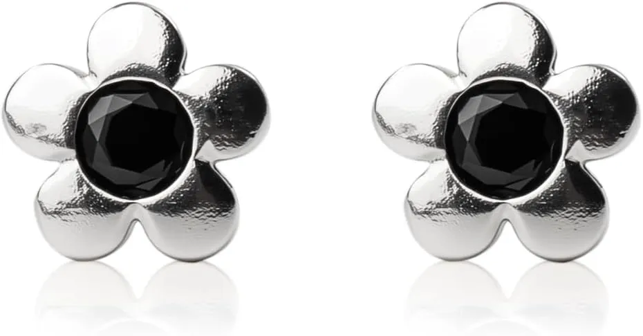 Tiny Silver Flower Earrings  Dainty Floral Stud Earrings with Black Gemstone Center, Minimalist Flower Jewelry for Women, Everyday Plant Earrings for Gift