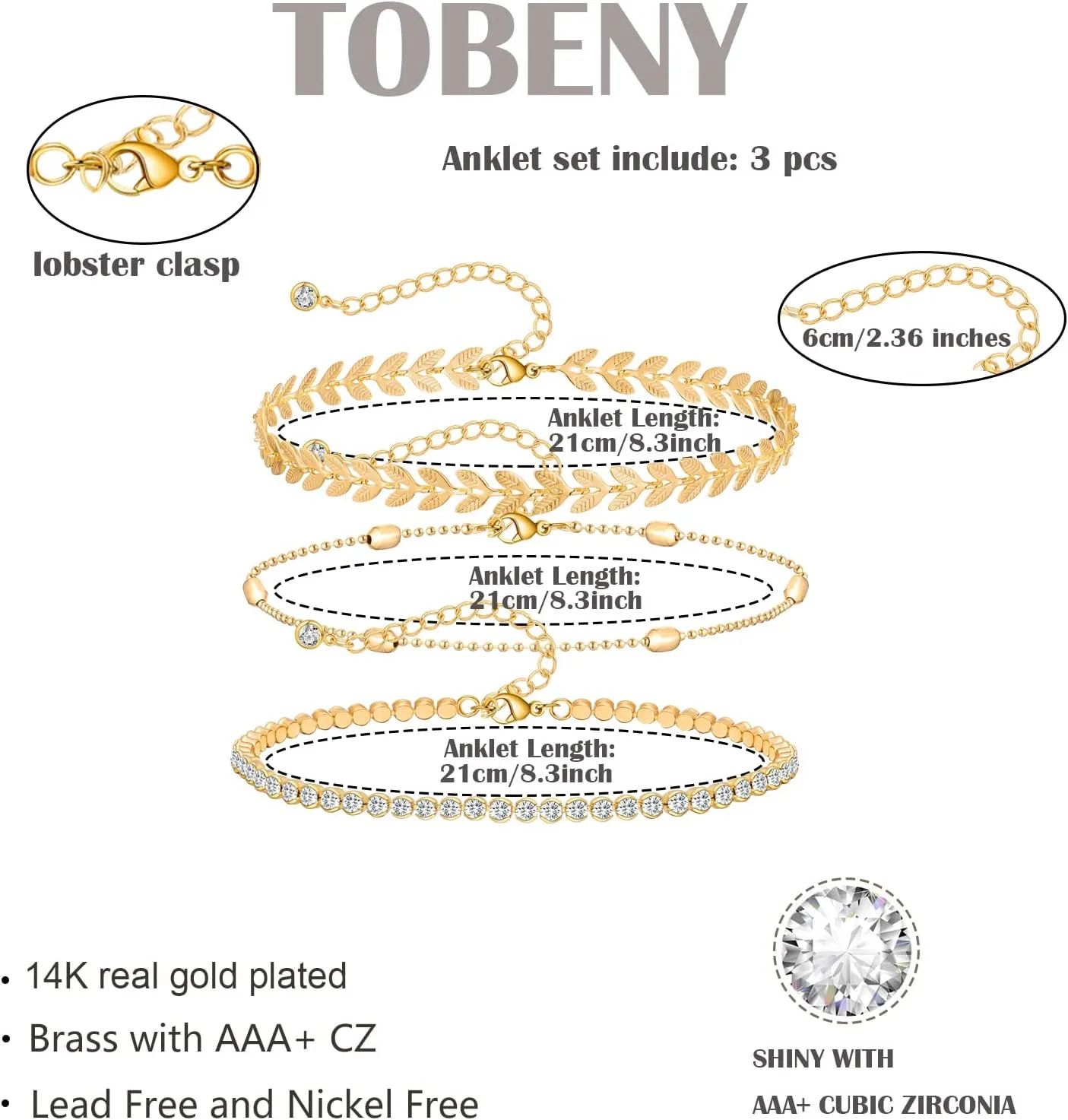 TOBENY 3PCS Ankle Bracelets for Women Teens 14K Gold Plated Anklets Bracelets Cuban Link Tennis Snake Paperclip Chain Cubic Zirconia Dainty Layered Anklet Set Summer Beach Anklets Jewelry Gift