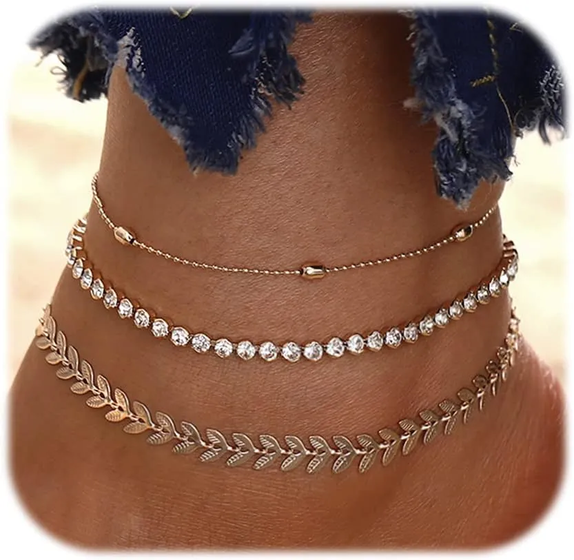 TOBENY 3PCS Ankle Bracelets for Women Teens 14K Gold Plated Anklets Bracelets Cuban Link Tennis Snake Paperclip Chain Cubic Zirconia Dainty Layered Anklet Set Summer Beach Anklets Jewelry Gift
