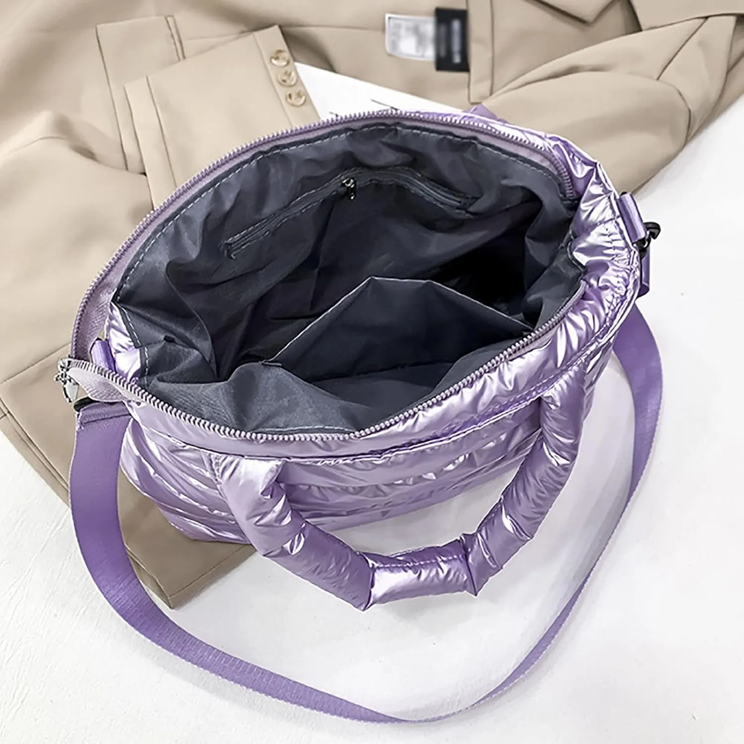 Tote Bag For Women Quilted Handbag Lightweight Winter Down Cotton Padded Shoulder Bags Down Bag for (Purple, One Size)