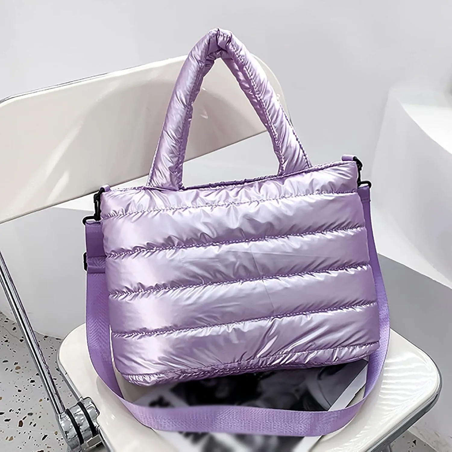 Tote Bag For Women Quilted Handbag Lightweight Winter Down Cotton Padded Shoulder Bags Down Bag for (Purple, One Size)