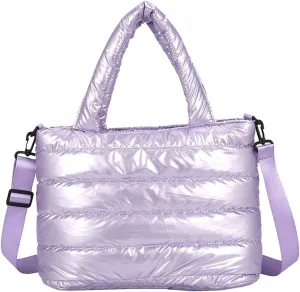 Tote Bag For Women Quilted Handbag Lightweight Winter Down Cotton Padded Shoulder Bags Down Bag for (Purple, One Size)