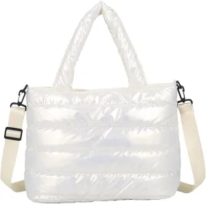 Tote Bag For Women Quilted Handbag Lightweight Winter Down Cotton Padded Shoulder Bags Down Bag for (White, One Size)