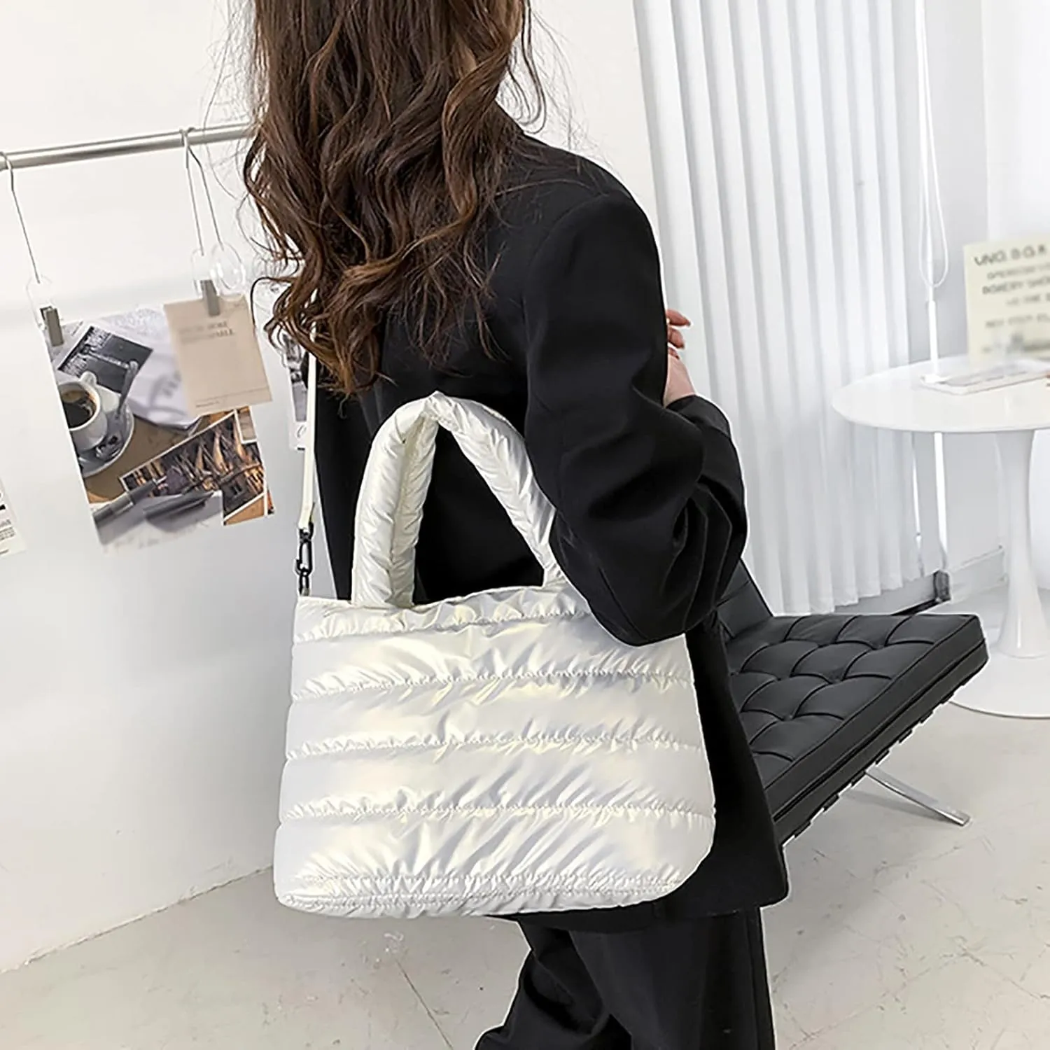 Tote Bag For Women Quilted Handbag Lightweight Winter Down Cotton Padded Shoulder Bags Down Bag for (White, One Size)
