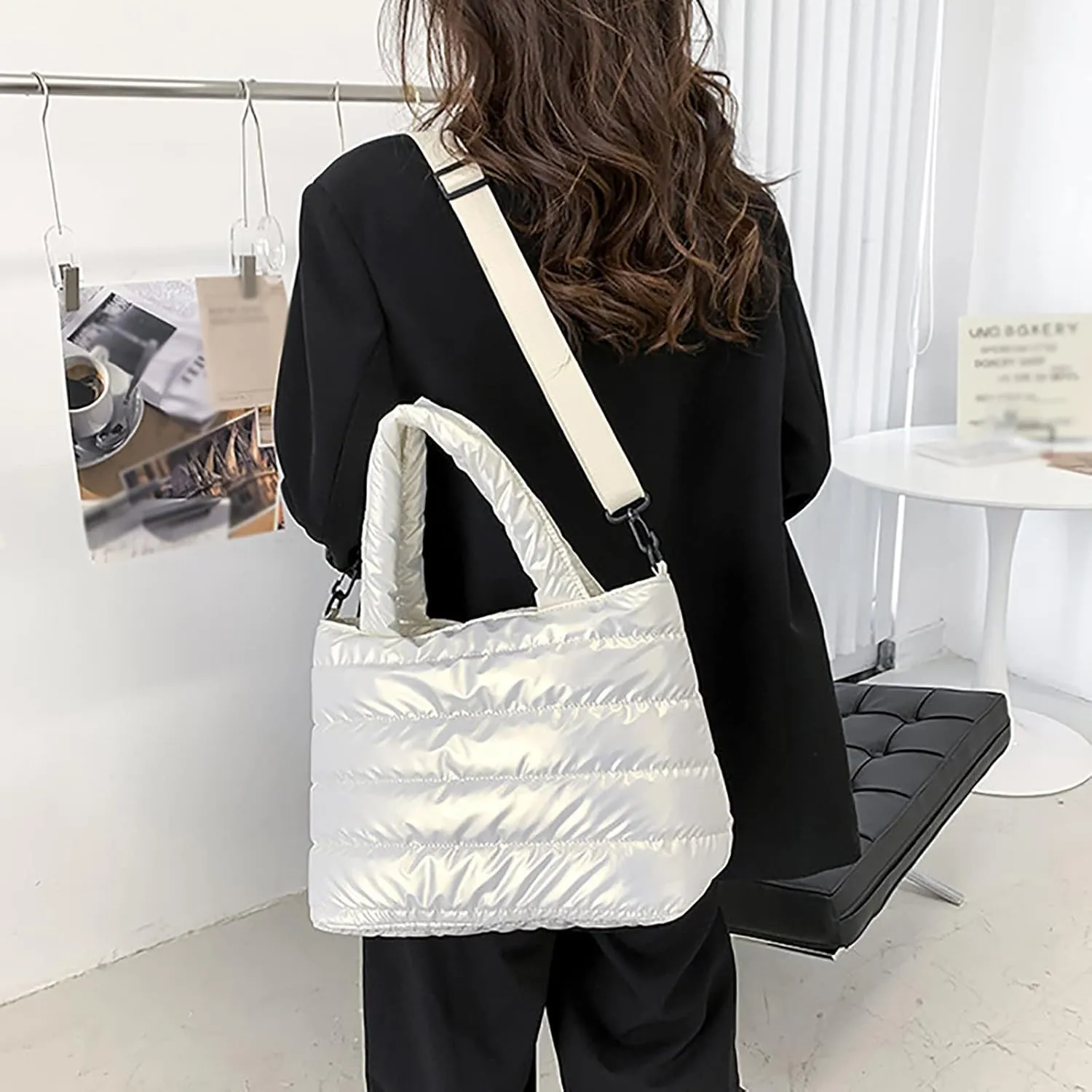Tote Bag For Women Quilted Handbag Lightweight Winter Down Cotton Padded Shoulder Bags Down Bag for (White, One Size)