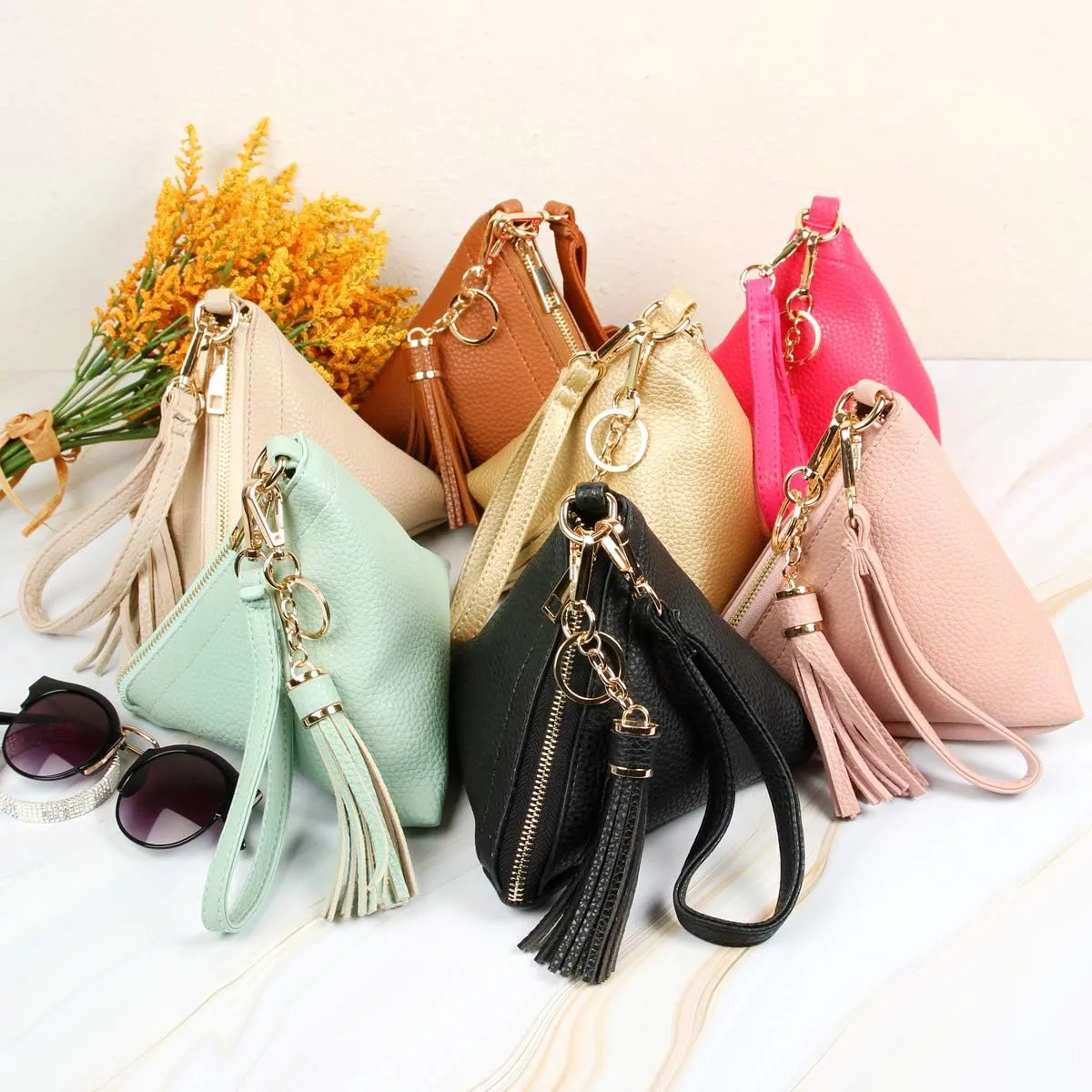 Triangle Vegan Leather Wristlet Clutch Purse Handbag - Pyramid Evening Cocktail Pouch Wallet Detachable Strap & Tassel Charm