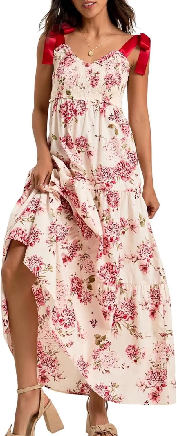 UAURORAO Women Tie Shoulder Boho Maxi Dress Flowy Smocked Midi Long Dress Empire Waist Bow Tie Strap Vacation Sundress