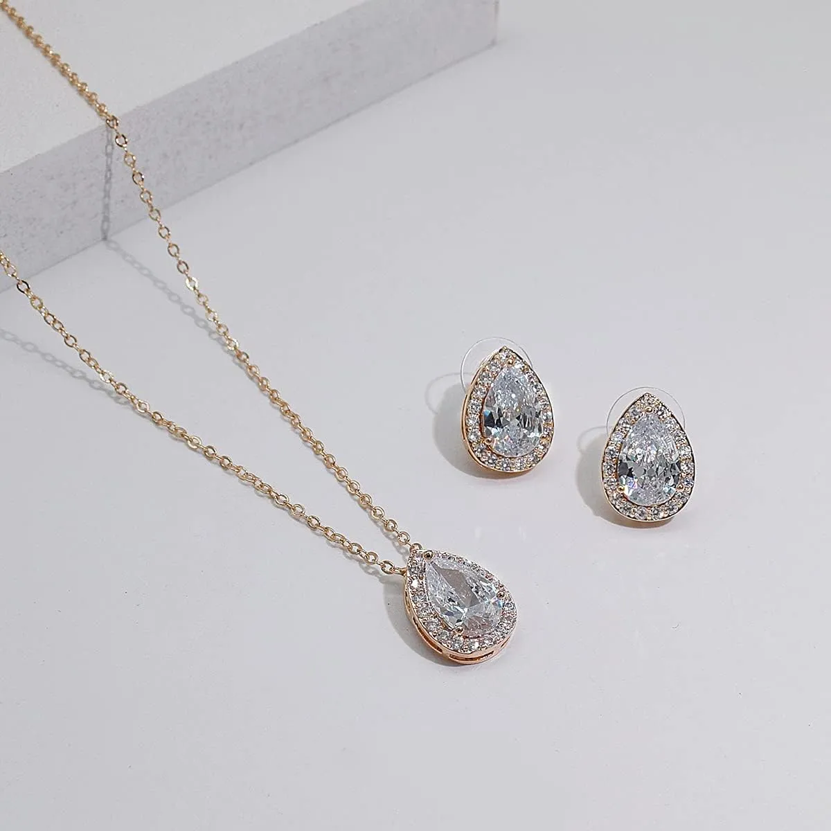 UDYLGOON CZ Tearsdrop Earrings Necklace Jewelry Set For Bride Bridesmaids Bridal Wedding Party Prom Jewelry Gift
