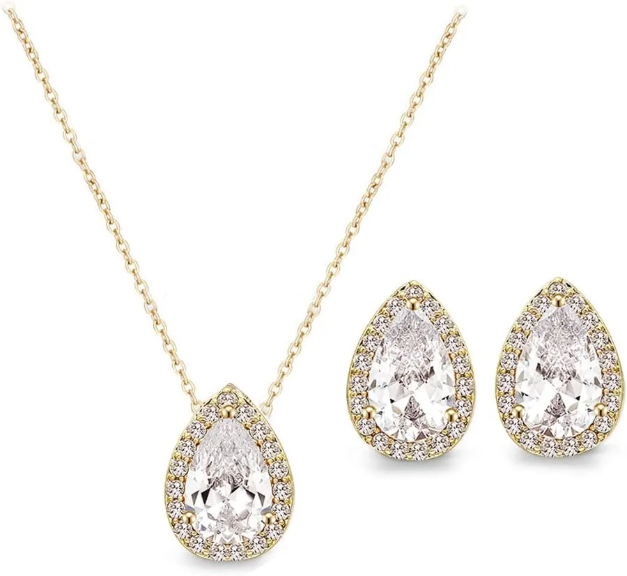 UDYLGOON CZ Tearsdrop Earrings Necklace Jewelry Set For Bride Bridesmaids Bridal Wedding Party Prom Jewelry Gift
