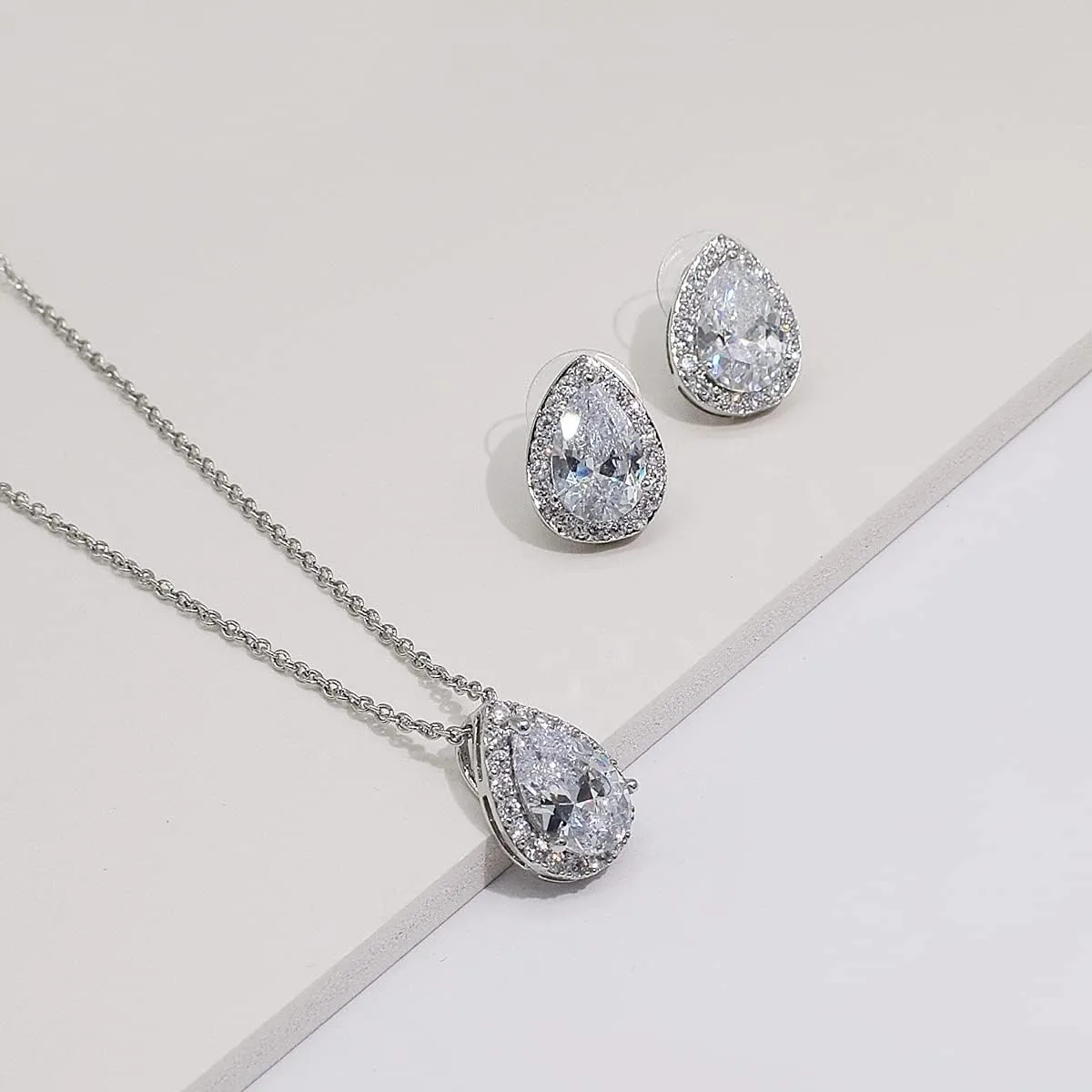 UDYLGOON CZ Tearsdrop Earrings Necklace Jewelry Set For Bride Bridesmaids Bridal Wedding Party Prom Jewelry Gift