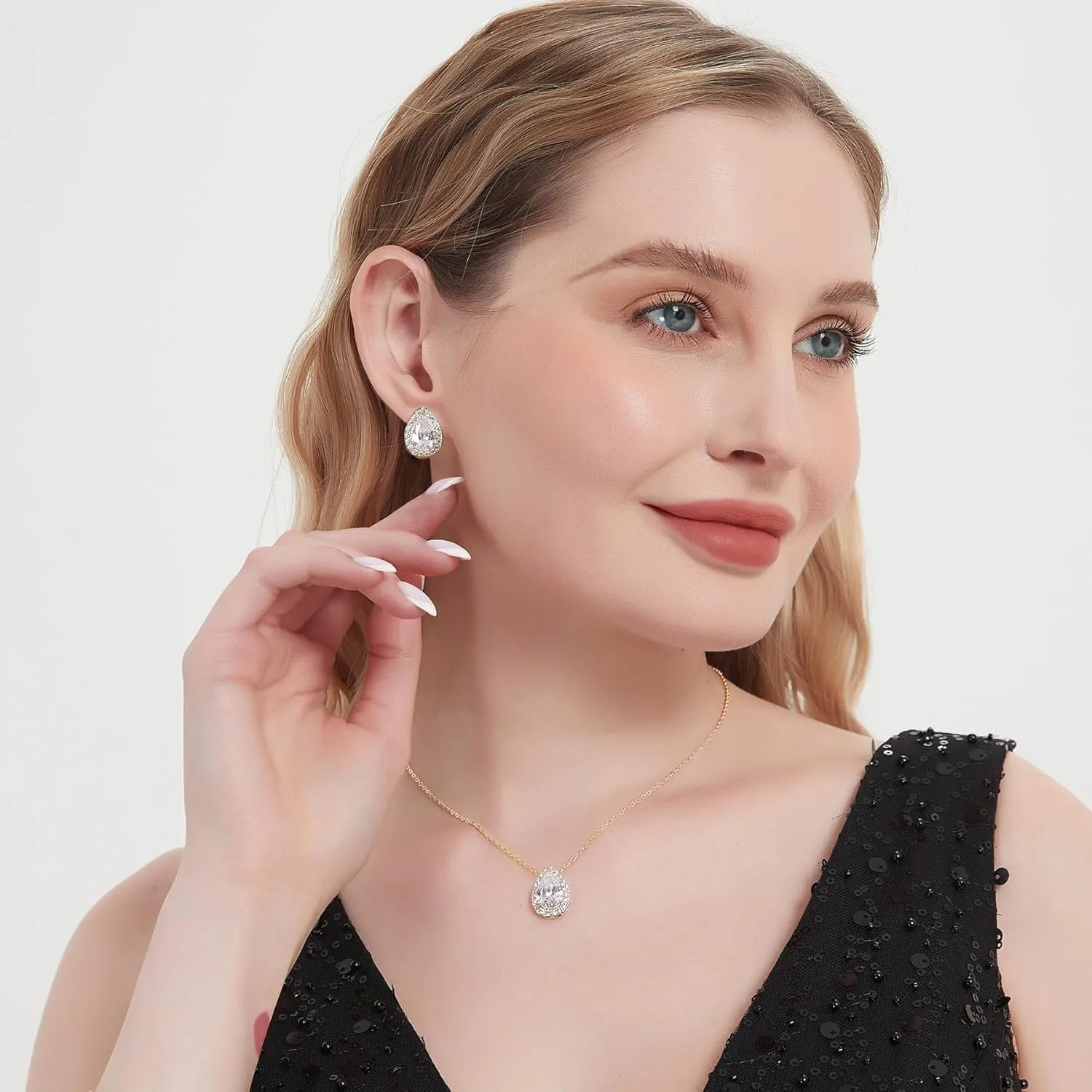 UDYLGOON CZ Tearsdrop Earrings Necklace Jewelry Set For Bride Bridesmaids Bridal Wedding Party Prom Jewelry Gift
