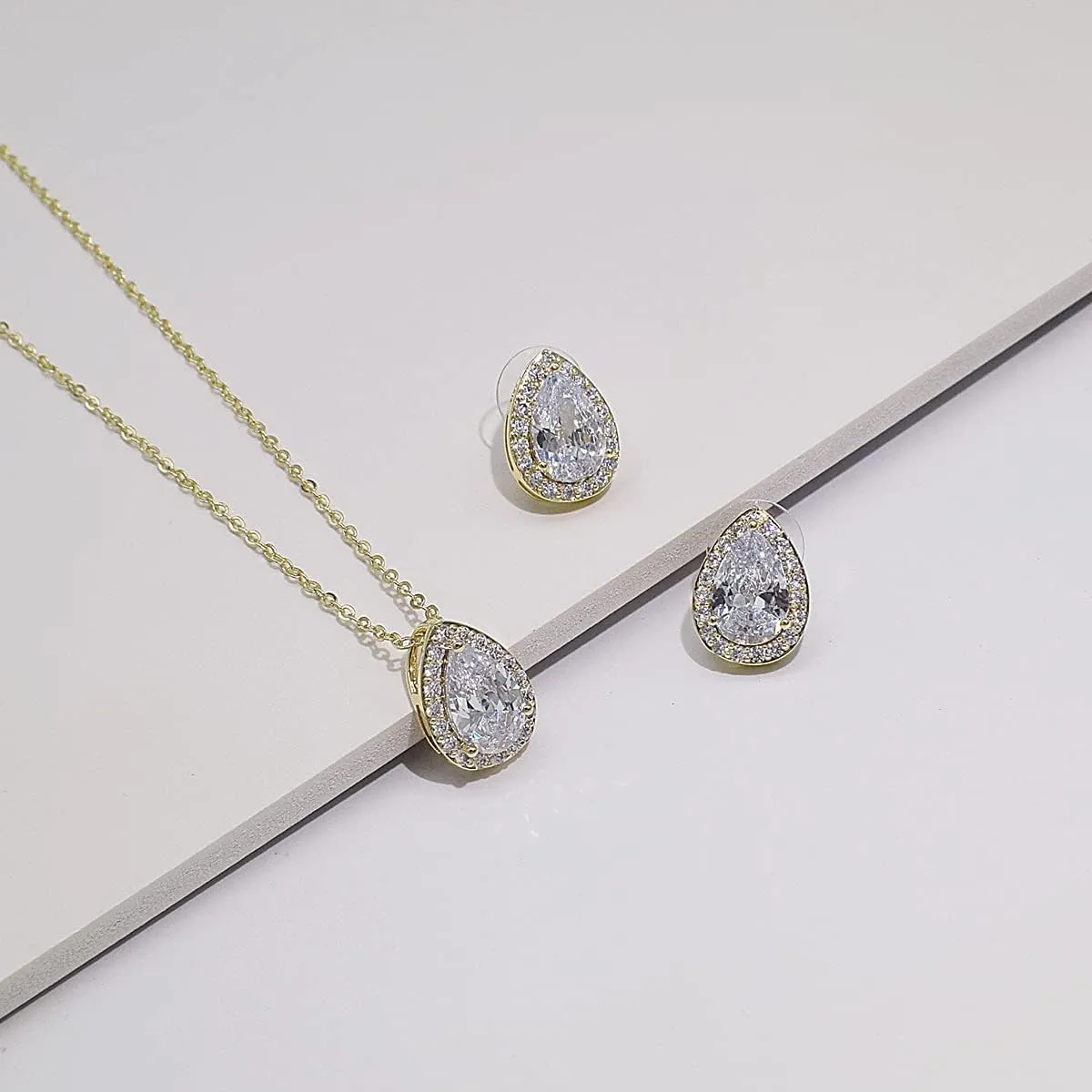 UDYLGOON CZ Tearsdrop Earrings Necklace Jewelry Set For Bride Bridesmaids Bridal Wedding Party Prom Jewelry Gift