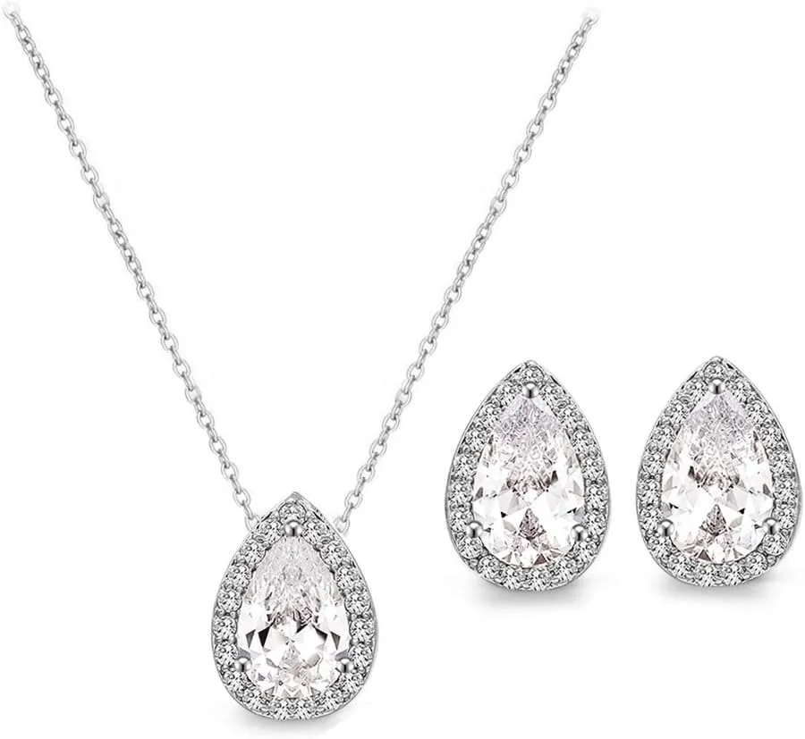 UDYLGOON CZ Tearsdrop Earrings Necklace Jewelry Set For Bride Bridesmaids Bridal Wedding Party Prom Jewelry Gift