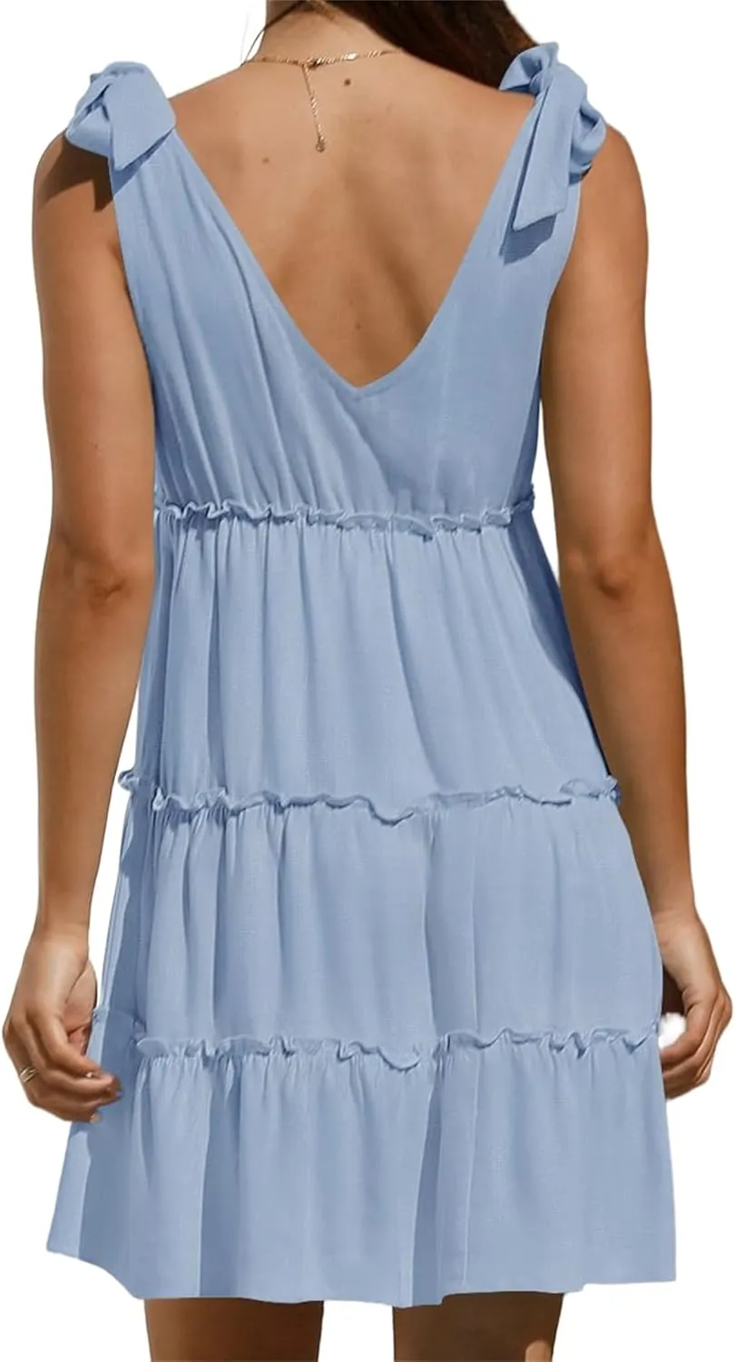 uSecee Summer Dress for Women Tie Shoulder V Neck Sleeveless Tiered Ruffle Swing A Line Short Sundresses Badydoll Mini Dress