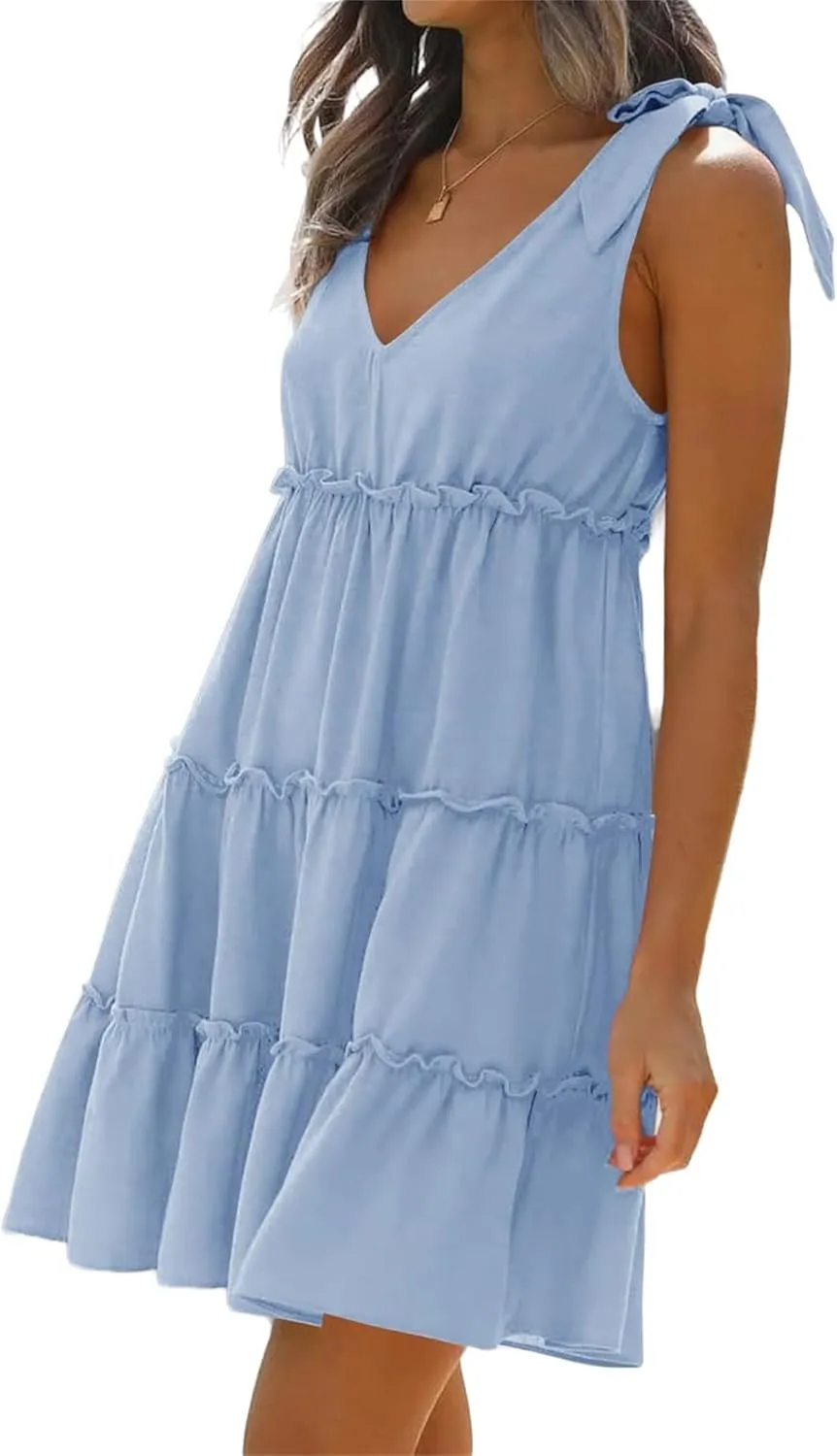 uSecee Summer Dress for Women Tie Shoulder V Neck Sleeveless Tiered Ruffle Swing A Line Short Sundresses Badydoll Mini Dress