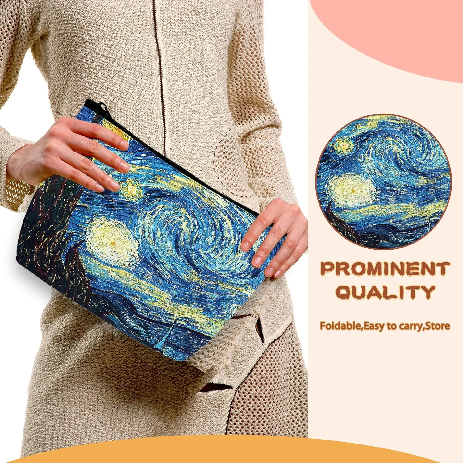Vin-Cent Van Gogh The Starry Night Makeup Bag Cosmetic Bag for Women Girls,Portable Makeup Bags Travel Toiletry Bag Organizer