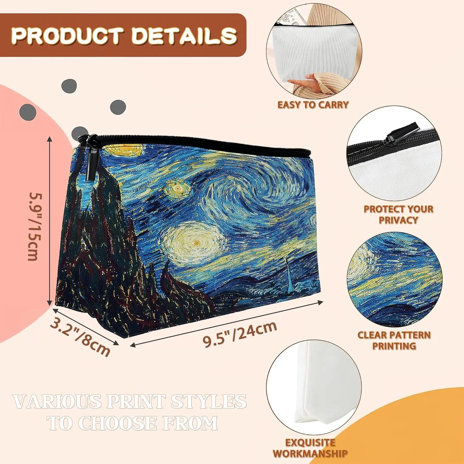 Vin-Cent Van Gogh The Starry Night Makeup Bag Cosmetic Bag for Women Girls,Portable Makeup Bags Travel Toiletry Bag Organizer