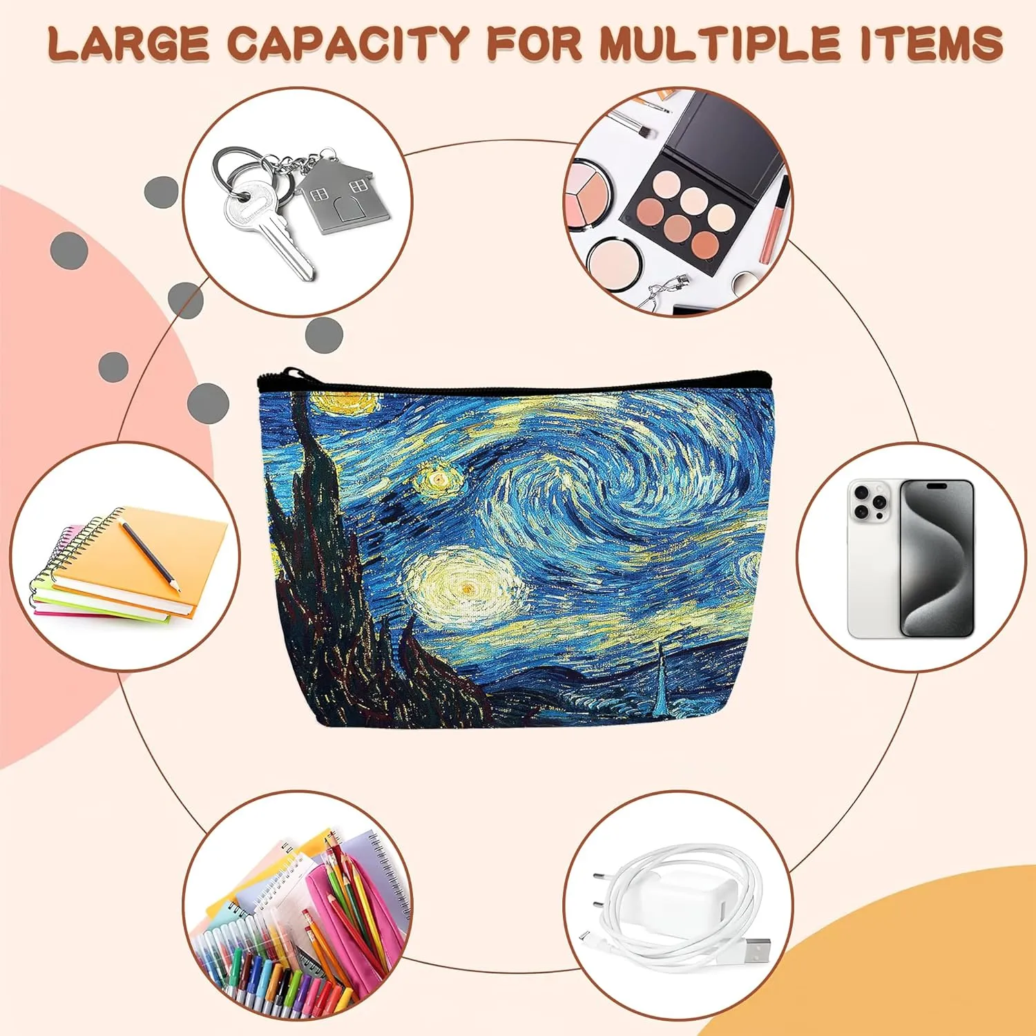Vin-Cent Van Gogh The Starry Night Makeup Bag Cosmetic Bag for Women Girls,Portable Makeup Bags Travel Toiletry Bag Organizer