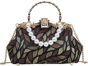 Vintage Embroidered Pearl Crossbody Bag with Chain and Handle Women's Evening Clutch for Wedding, Party, Prom