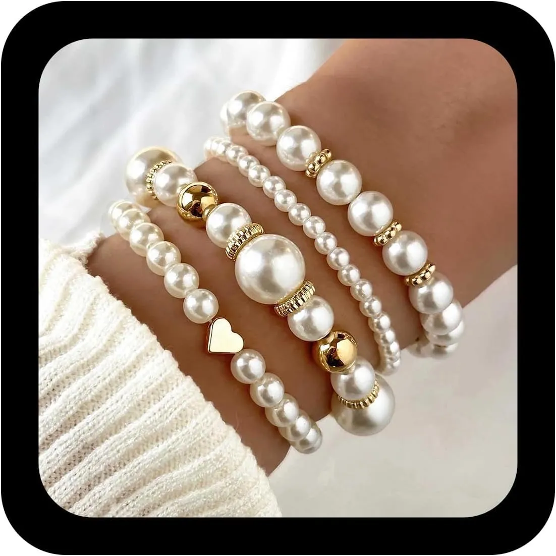 Vintage Layered Pearl Bracelet Gold Pearl Chain Bracelet Pearls Bangle Bracelets Elastic Heart Bracelets Pearls Hand Chain Jewelry for Women