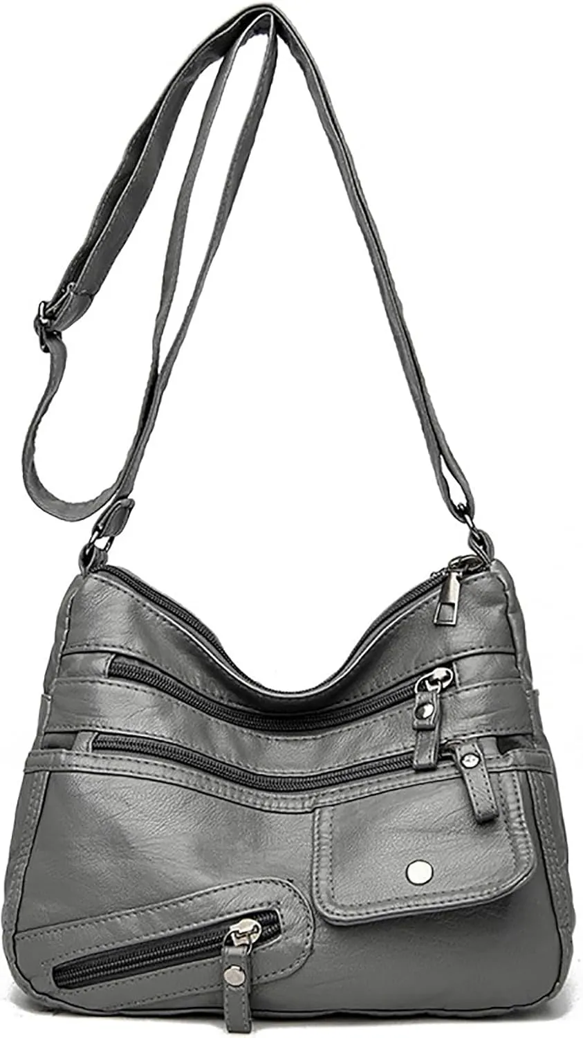 Vintage New Versatile Soft PU Leather Interlayer One Shoulder Crossbody Bag Handbag Casual Computer (Grey, One Size)