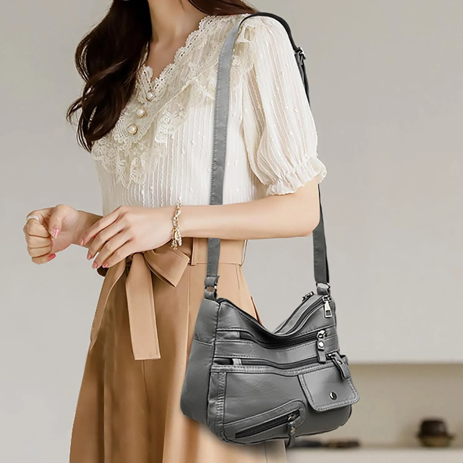 Vintage New Versatile Soft PU Leather Interlayer One Shoulder Crossbody Bag Handbag Casual Computer (Grey, One Size)