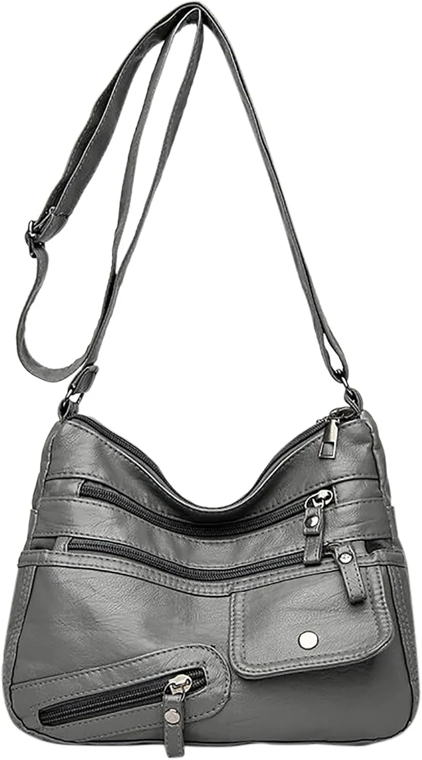 Vintage New Versatile Soft PU Leather Interlayer One Shoulder Crossbody Bag Handbag Casual Computer (Grey, One Size)