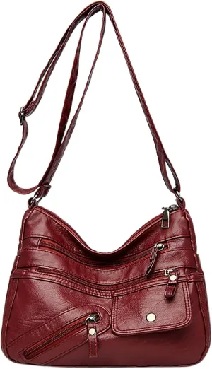 Vintage New Versatile Soft PU Leather Interlayer One Shoulder Crossbody Bag Handbag Spacious Work Bags (Red, One Size)