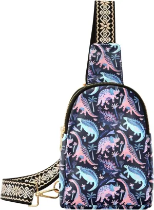 Watercolor Dinosaurs Fanny Pack Crossbody PC Leather Small Sling Bag for Women Tropical Florals Fashion Waist Packs Chest Bag for Travel Sports Running Hiking