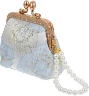 Wedding Clutch Purse for Women with Fake Pearl Strap Vintage Chinese Brocade Handbag for Evening Events Elegant Coin Wallet