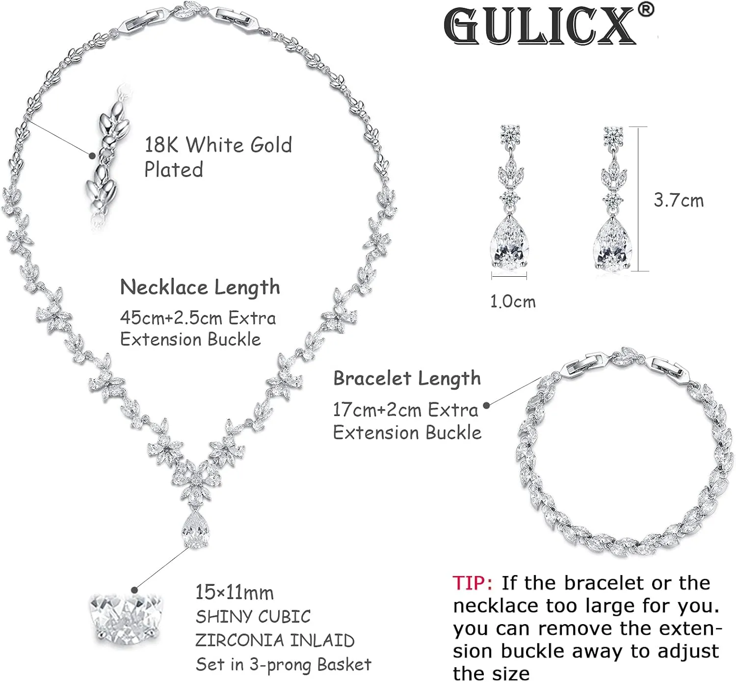 Wedding Jewelry for Bride, Silver Bridal Necklace Earrings Bracelet Set with Clear Cubic Zirconia, Bridemaids Jewelry Set for Wedding, Crystal Wedding Party Jewelry Set for Women Girls