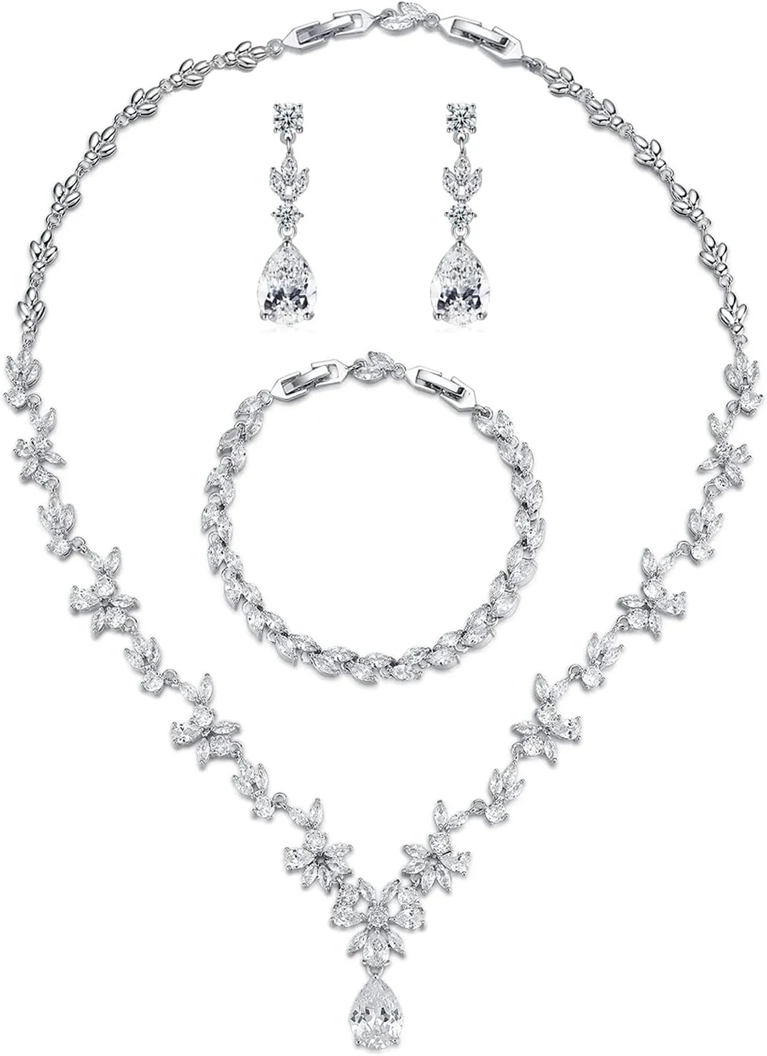 Wedding Jewelry for Bride, Silver Bridal Necklace Earrings Bracelet Set with Clear Cubic Zirconia, Bridemaids Jewelry Set for Wedding, Crystal Wedding Party Jewelry Set for Women Girls