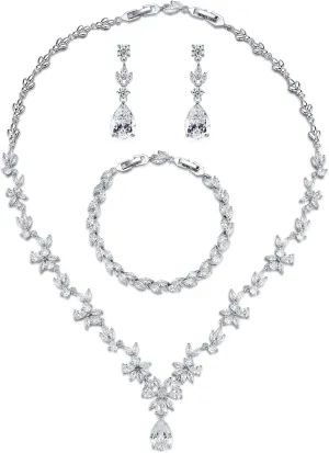 Wedding Jewelry for Bride, Silver Bridal Necklace Earrings Bracelet Set with Clear Cubic Zirconia, Bridemaids Jewelry Set for Wedding, Crystal Wedding Party Jewelry Set for Women Girls