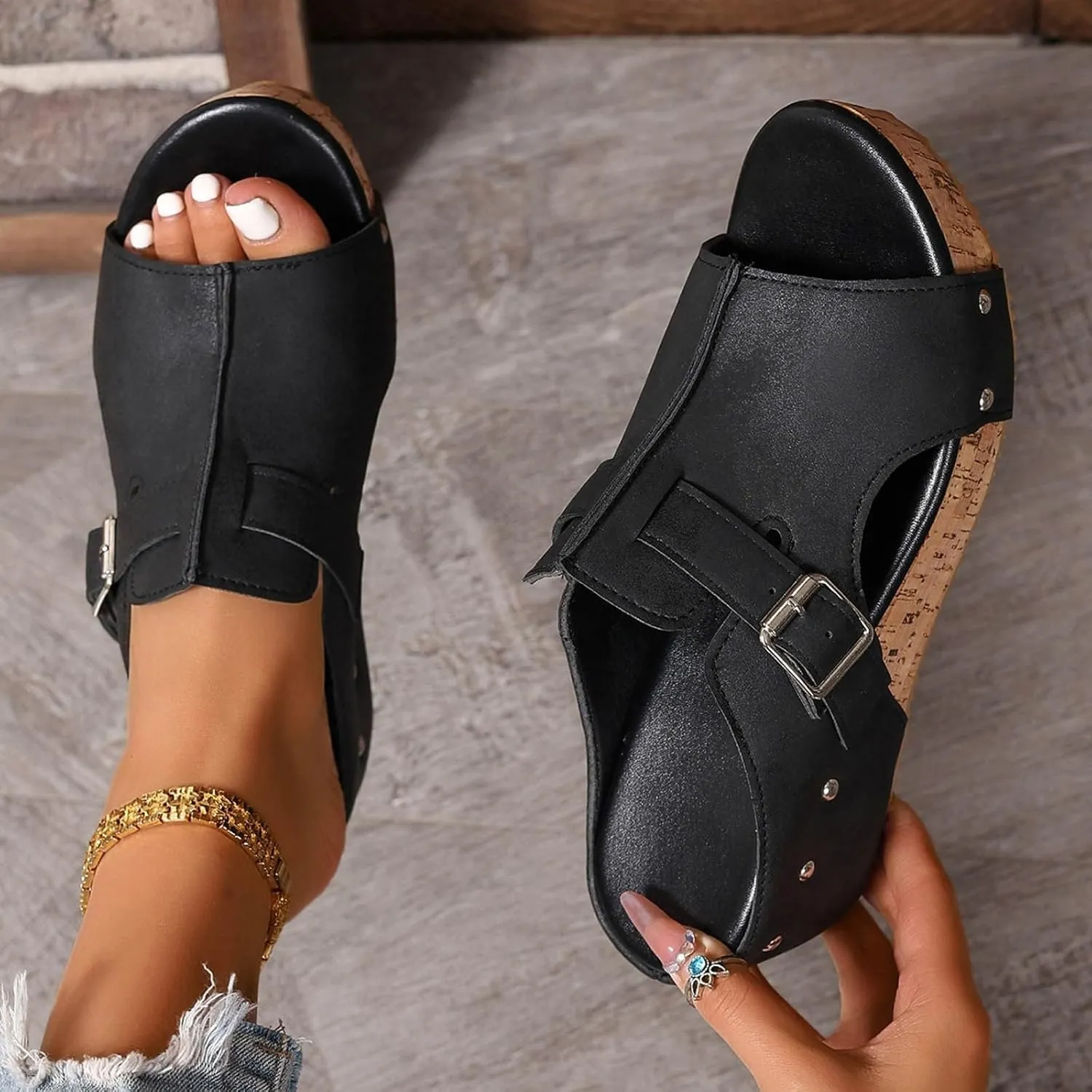Wedge Sandals for Women Dressy Open Toe Slip On Slides Comfortable Cork Heeled Summer Platform Wedge Shoes Mules