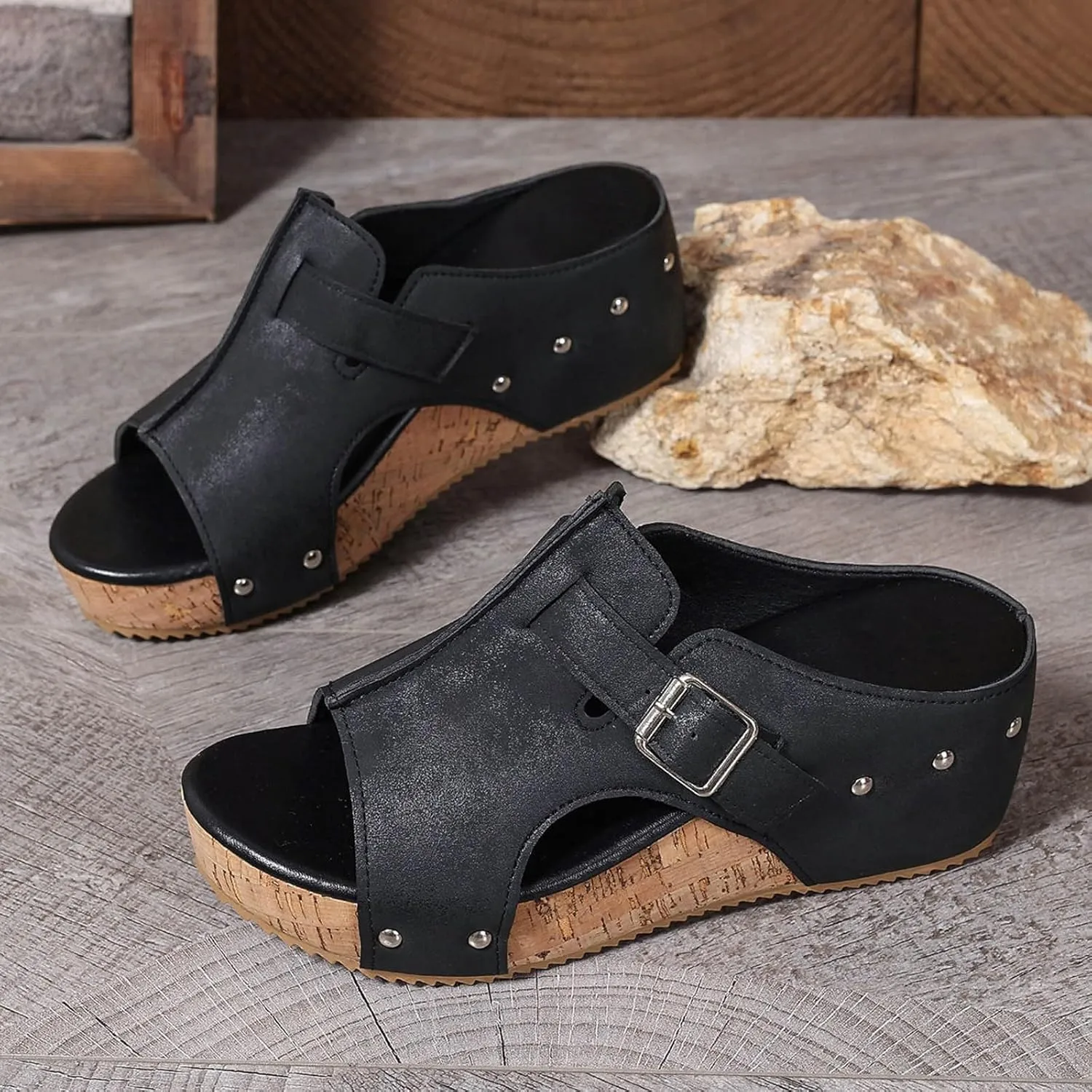 Wedge Sandals for Women Dressy Open Toe Slip On Slides Comfortable Cork Heeled Summer Platform Wedge Shoes Mules